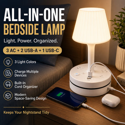upsell💡🔌 ALL-IN-ONE BEDSIDE LAMP & CHARGING STATION– 50% OFF! 3/4 AC, 2 USB, 1 Type-C – charge devices while you sleep. ⭐🏠