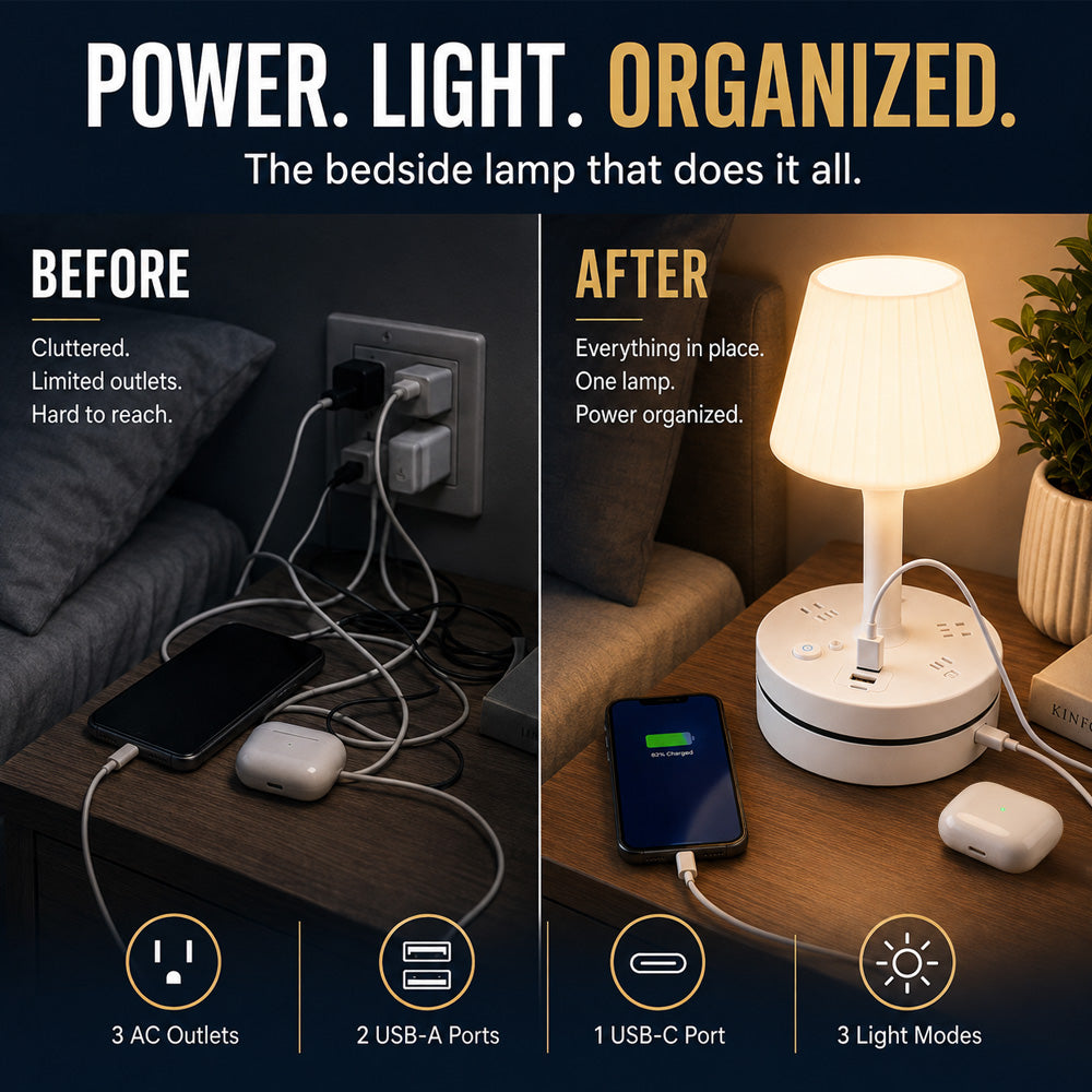 upsell💡🔌 ALL-IN-ONE BEDSIDE LAMP & CHARGING STATION– 50% OFF! 3/4 AC, 2 USB, 1 Type-C – charge devices while you sleep. ⭐🏠