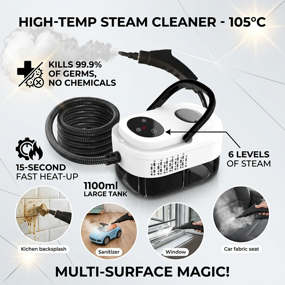 🥳2026 HOT SALE💞50K+ SOLD!📢⏰ 50% OFF! High‑Temp Steam Cleaner – 105°C steam, 15s heat‑up. Kills 99.9% germs, no chemicals. 6 levels, large 1100ml tank. Multi‑surface magic! 🔥✨