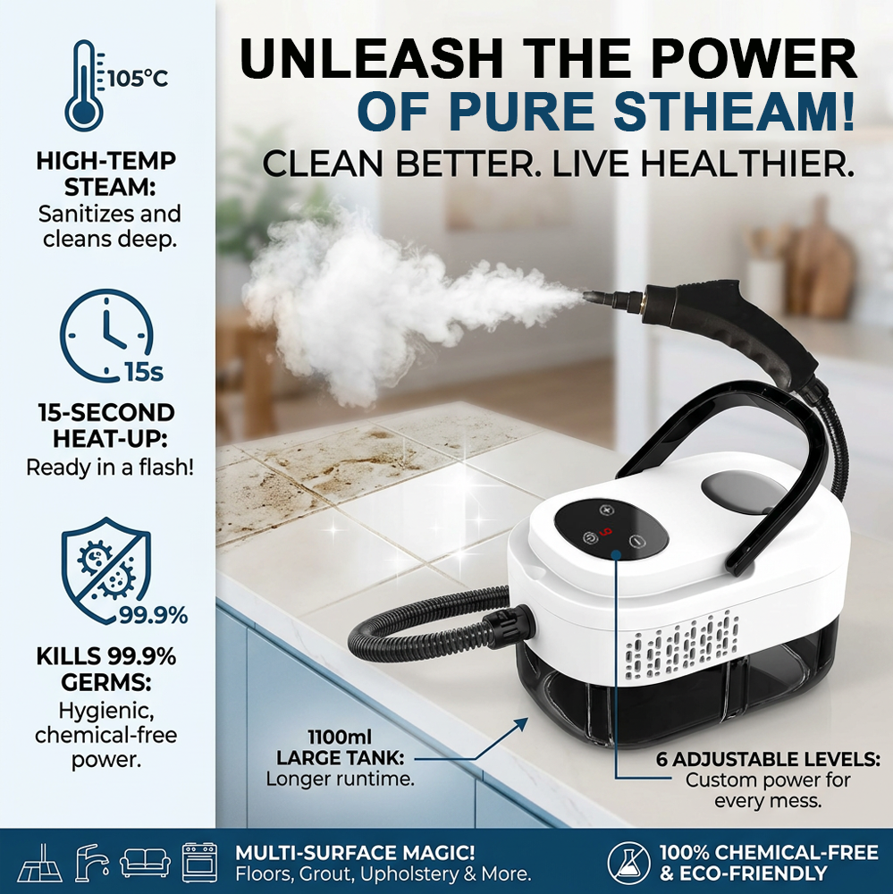 🥳2026 HOT SALE💞50K+ SOLD!📢⏰ 50% OFF! High‑Temp Steam Cleaner – 105°C steam, 15s heat‑up. Kills 99.9% germs, no chemicals. 6 levels, large 1100ml tank. Multi‑surface magic! 🔥✨
