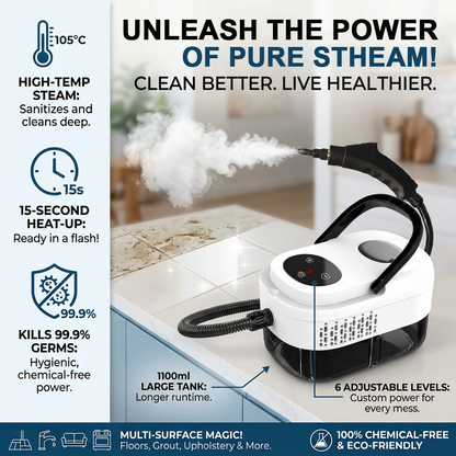 🥳2026 HOT SALE💞50K+ SOLD!📢⏰ 50% OFF! High‑Temp Steam Cleaner – 105°C steam, 15s heat‑up. Kills 99.9% germs, no chemicals. 6 levels, large 1100ml tank. Multi‑surface magic! 🔥✨